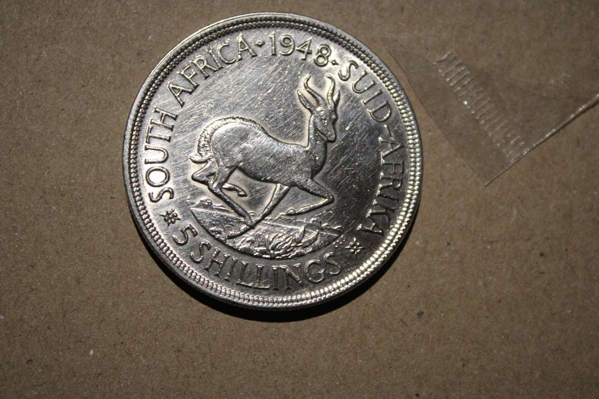 1948 UNION OF SOUTH AFRICA 5 SHILLING SILVER COIN