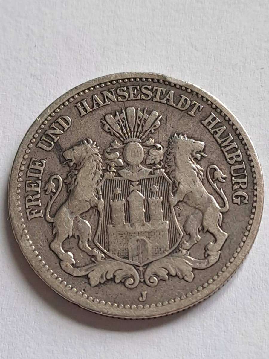 Germany Hamburg Silver 2 Marks  1900 with J Mintmark