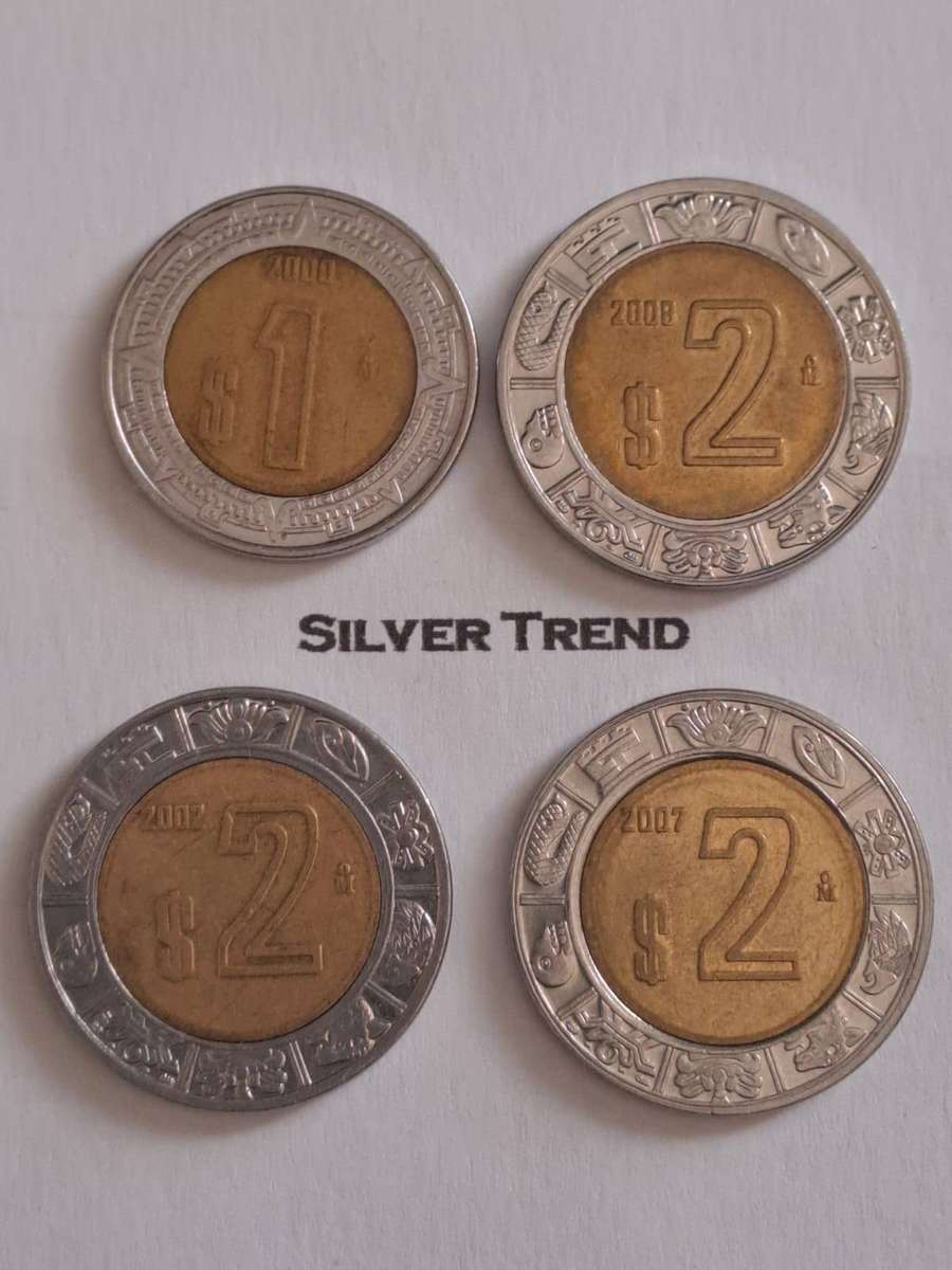 Mexico Coins   $1 dollar 2000  3x  $2  2002-2007-2008. 4 Coins