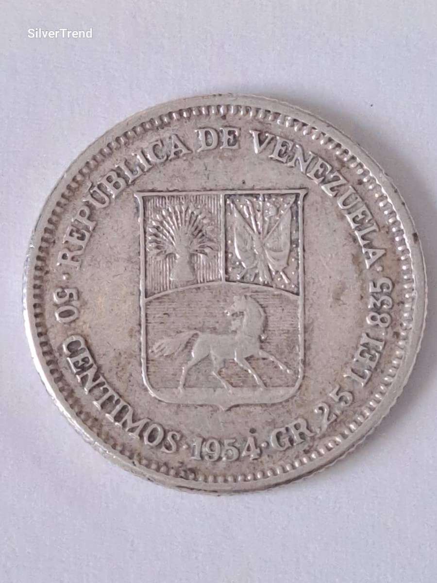 1954  BOLIVAR  VENEZUELA 50 Centimos coin Silver (.835)