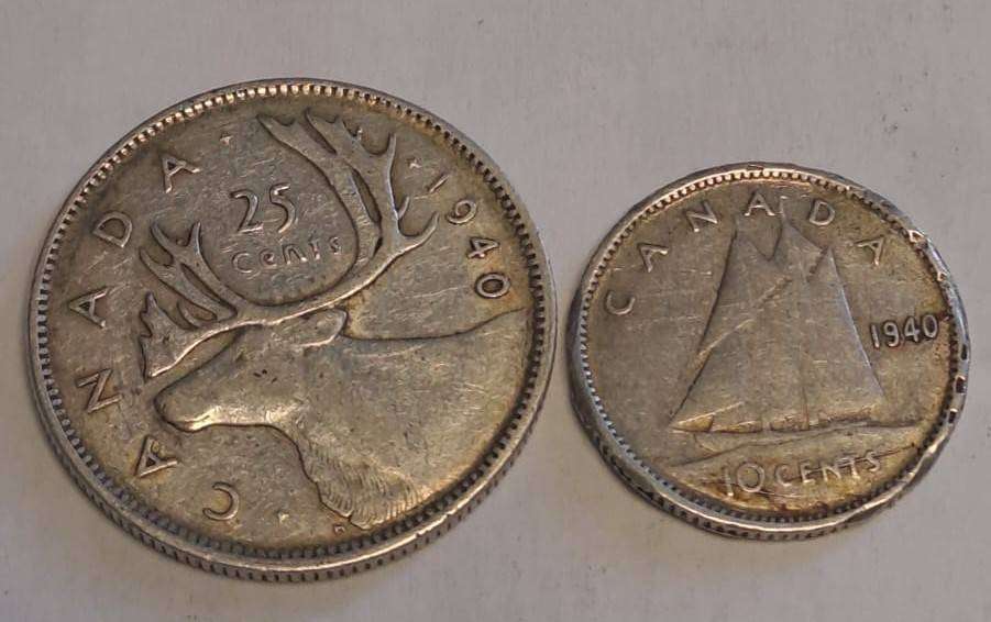 1940 Canada  25cent & 10cent coins  Silver (.800)