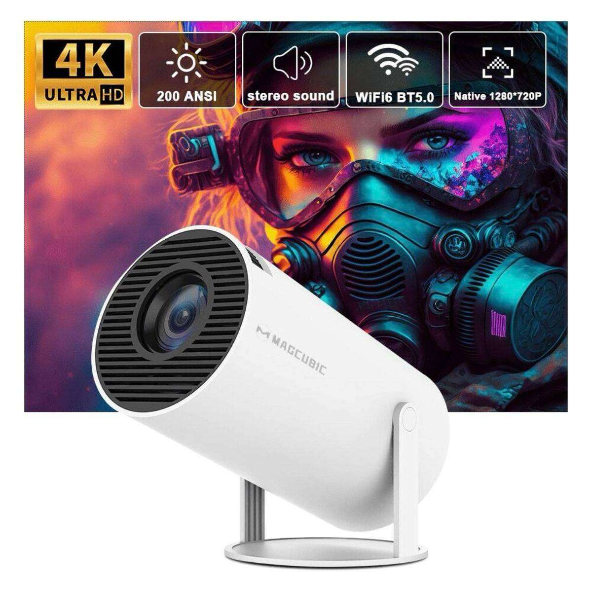 Portable Projector With Dual Wi-Fi Connection And 4K Display - White