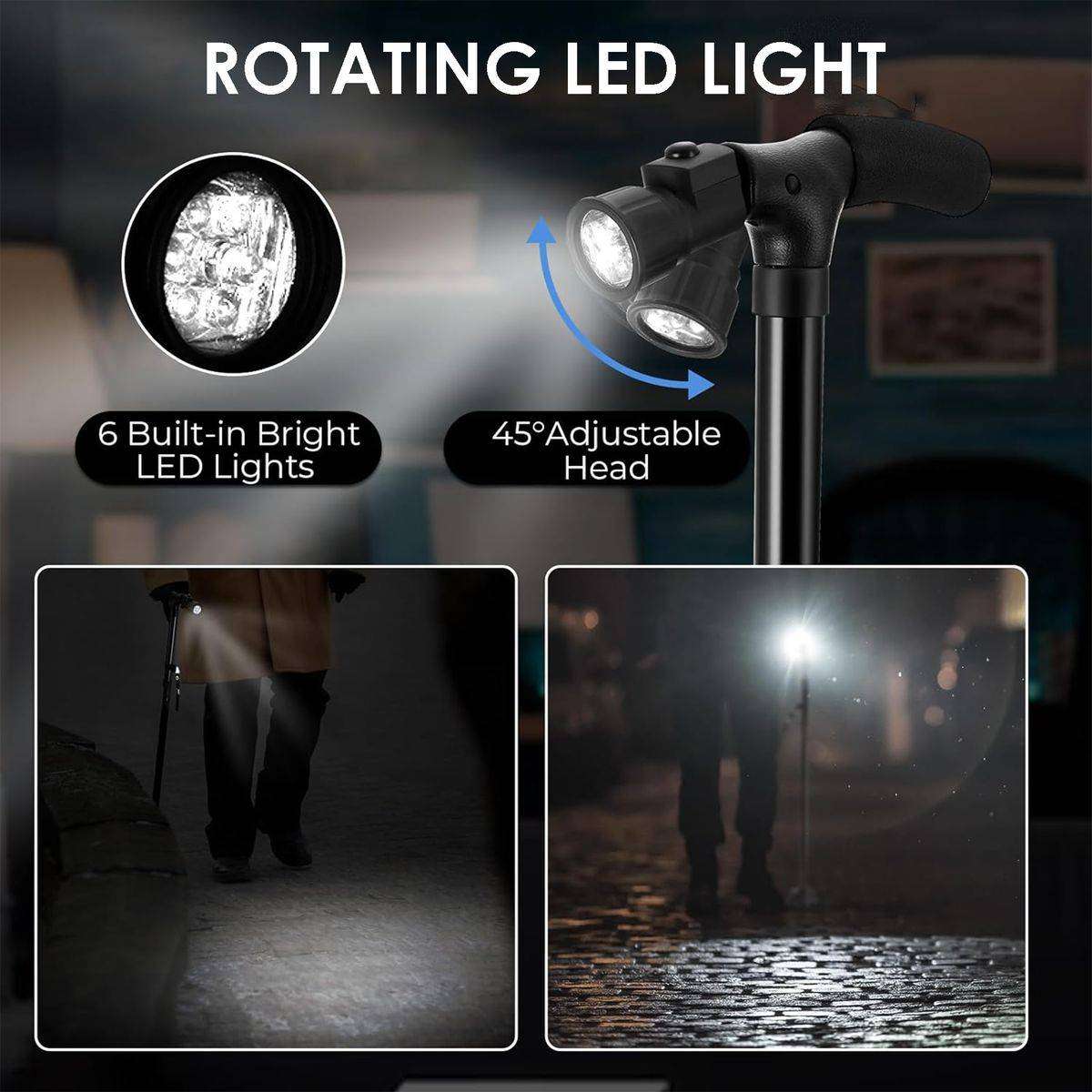 Adjustable Folding Cane Walking Stick, LED Light,Self-Standing & Anti-Slip