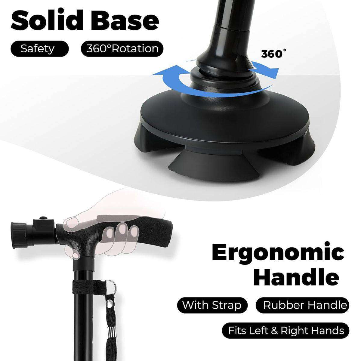 Adjustable Folding Cane Walking Stick, LED Light,Self-Standing & Anti-Slip