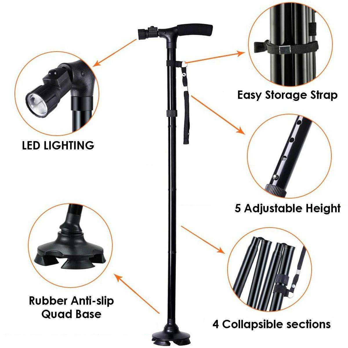 Adjustable Folding Cane Walking Stick, LED Light,Self-Standing & Anti-Slip