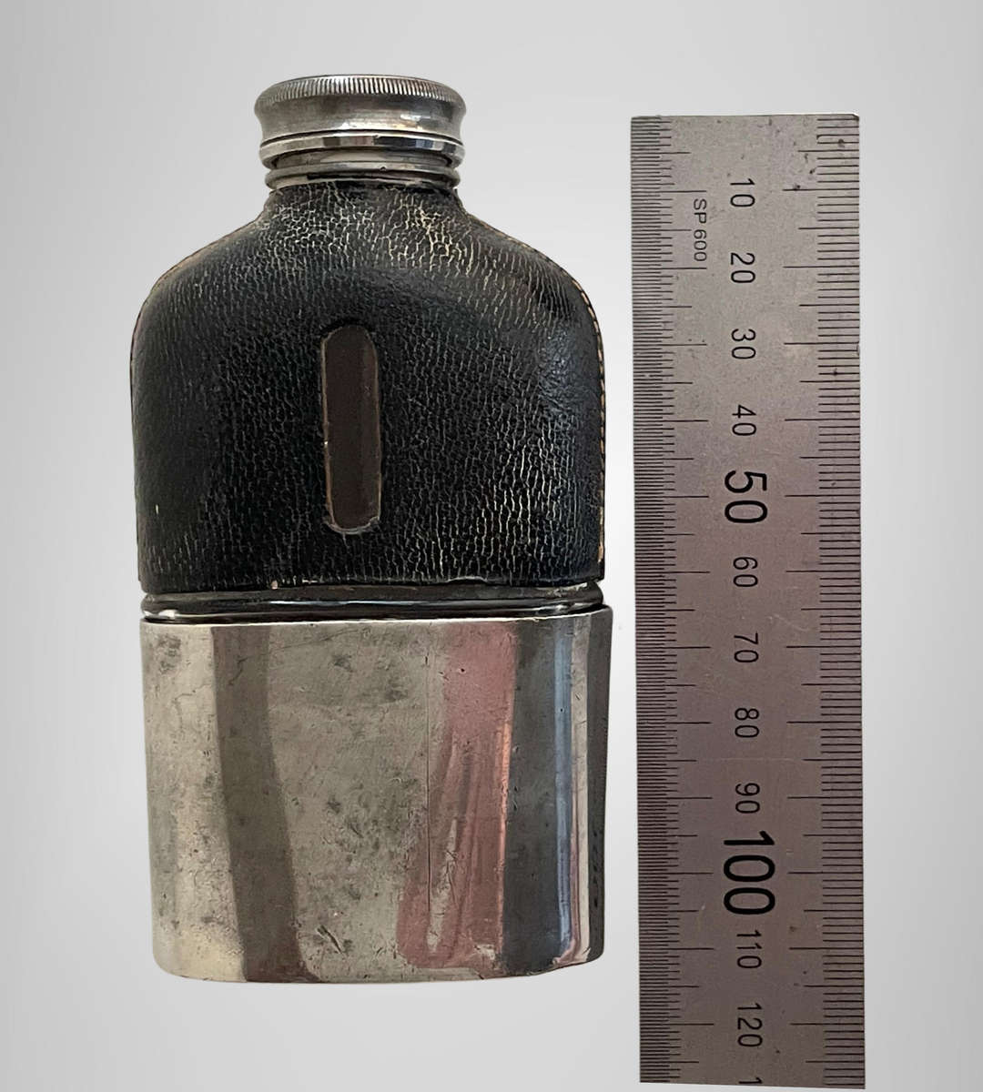 Vintage James Dixon & Sons Leather & Pewter Hip Flask  ½ Pint  Sheffield England  Trumpet Banner