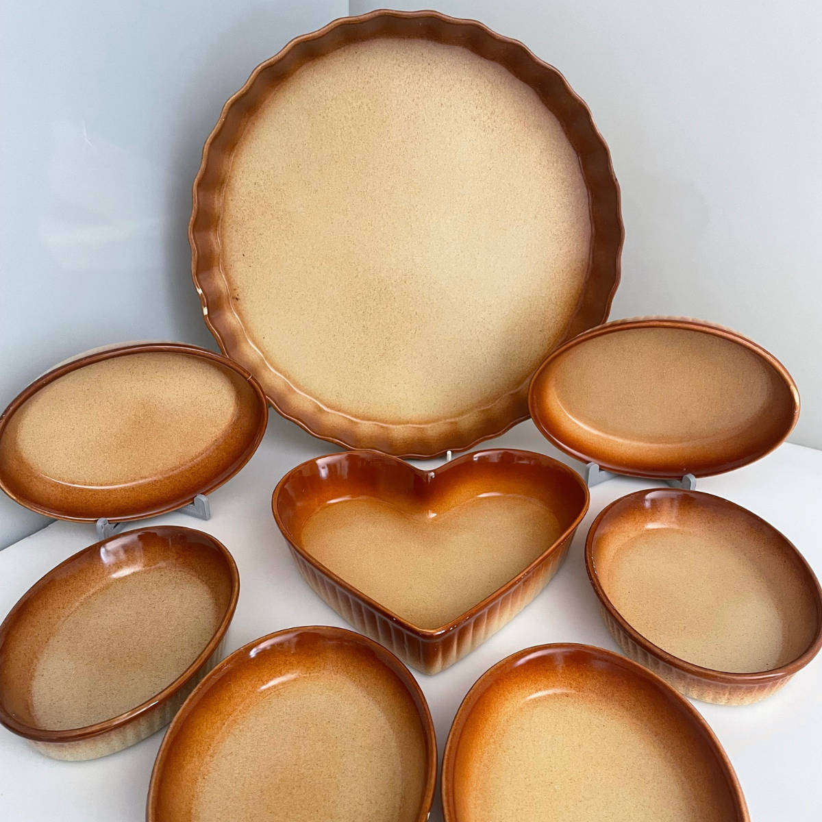 1970s Stoneware Oven-to-Table Baking Set  8 Pieces  Brown Glaze  Includes Heart Dish, Large Pie D