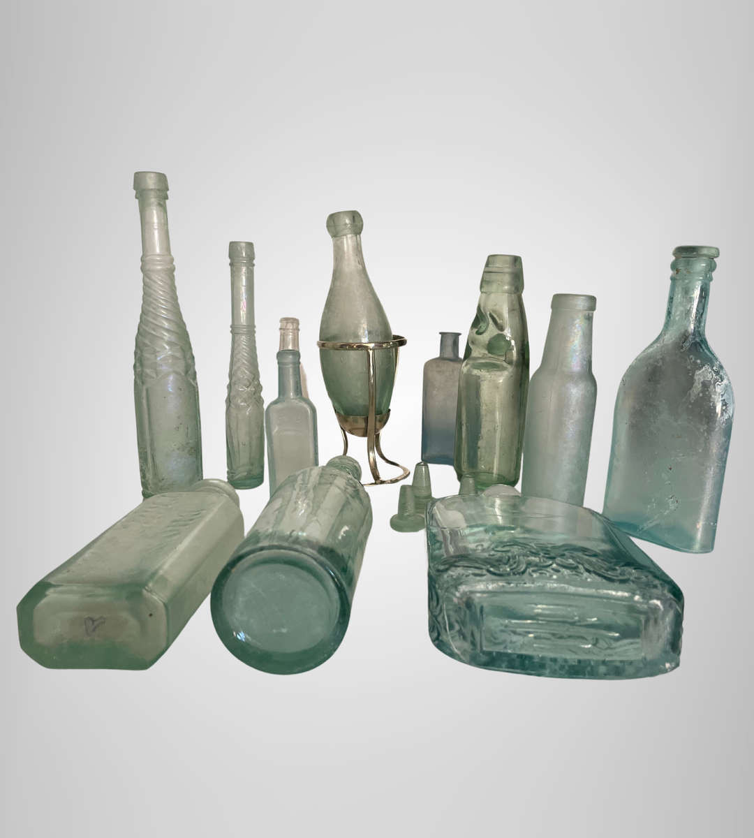 Rare Antique Bottle Collection with Aqua Glass Stoppers & Torpedo Bottle Stand - 12 Unique Bottles
