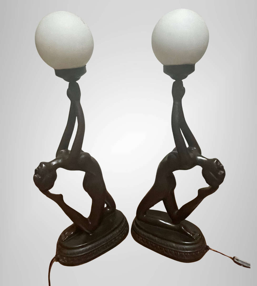 Rare 1970s Large Art Deco Style Nude Table Lamps  Matching Pair  75cm  Frosted Glass Shades