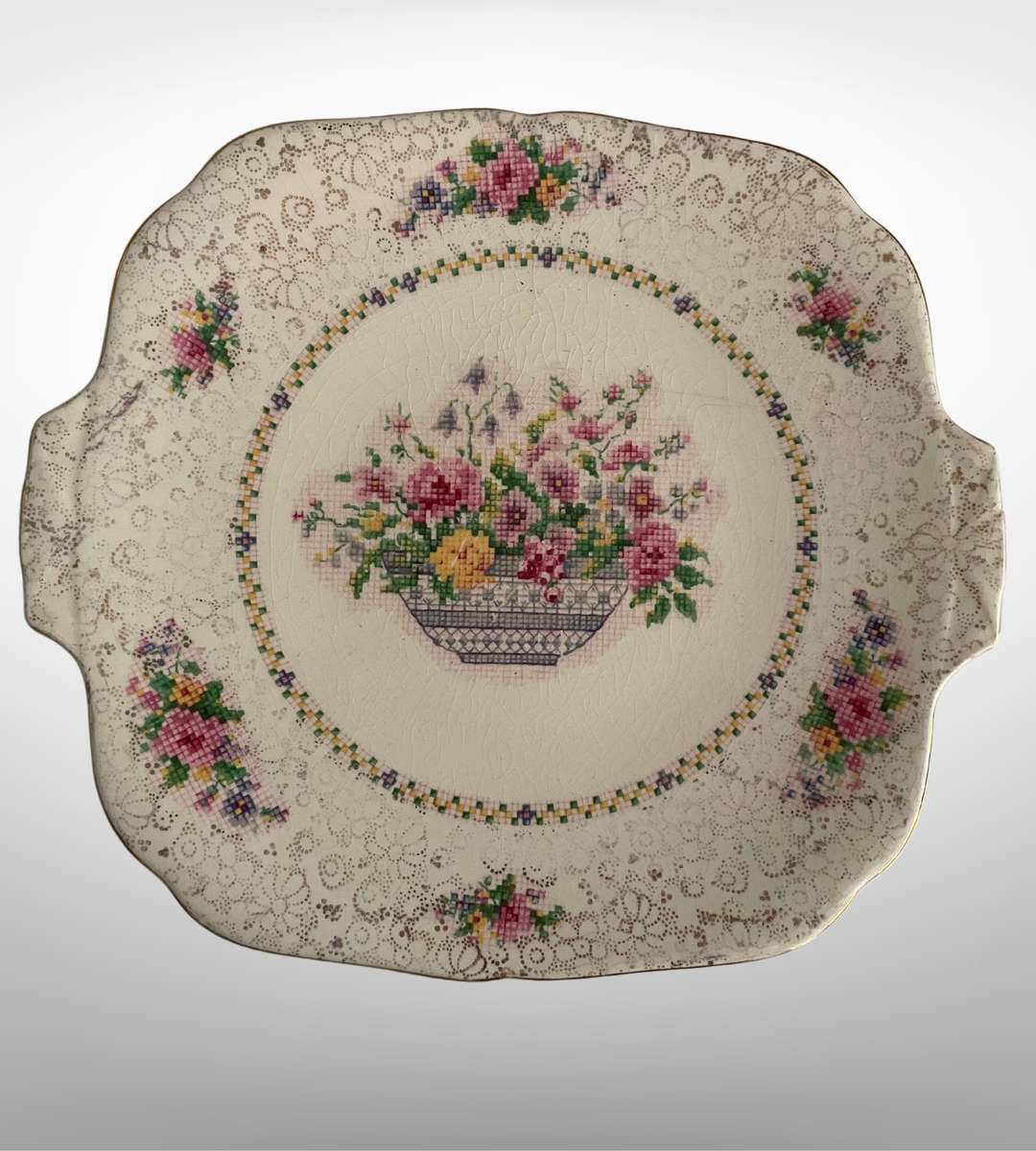 8-Piece Vintage Petit Point & Cross-Stitch Vanity Décor Set with H&K Tunstall Cup & Saucer