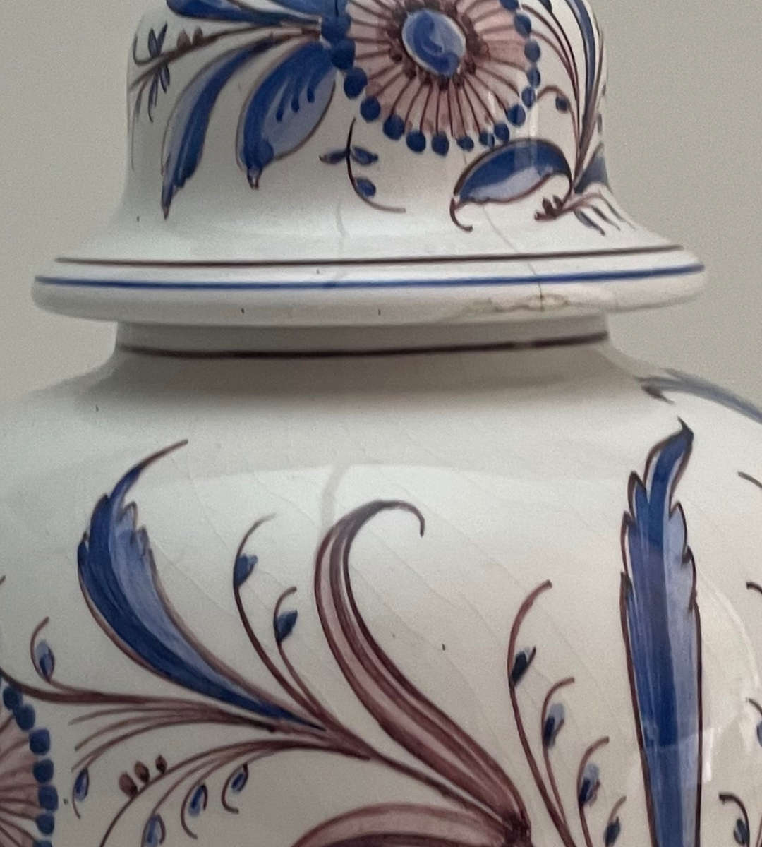 Outeiro Agueda Hand-Painted Ginger Jar Vase - Floral Pattern, Portugal, 1980s, 27.5 cm - as is