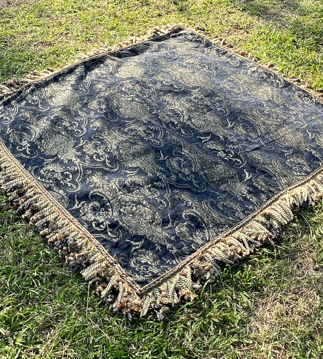 Heavy Traditional Indigo and Gold Upholstered Fabric with Velvet Suede Back and Double Rows of Tasse