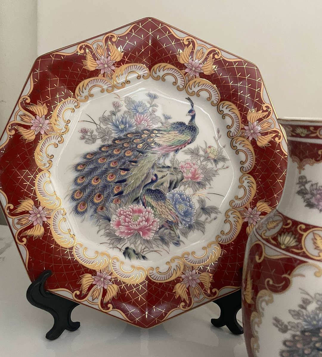 Vintage Japanese Satsuma-Style Gold Foil Porcelain Display Set  Peacock & Floral  2 Plates + Vase