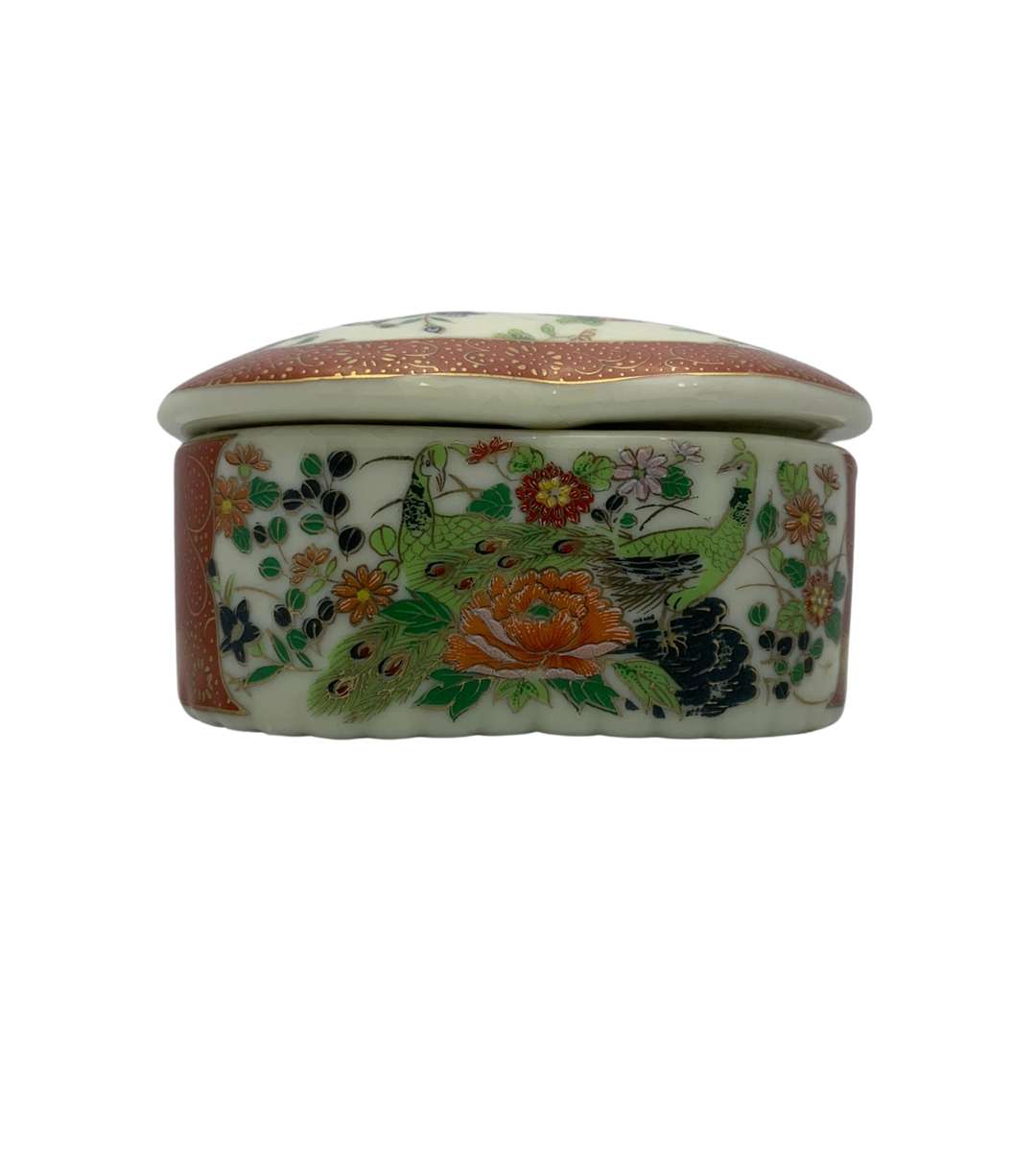 Vintage Satsuma Peacock Floral Heart-Shaped Trinket Box - Red/Green/Gold - Japanese Export
