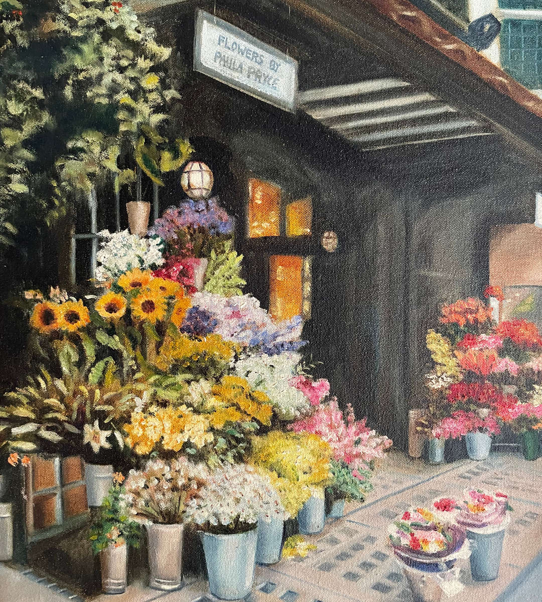 "Flowers by Paula Pryce" - Original Oil Painting by Eleni (2001) | Floral Shop Scene on Stretched