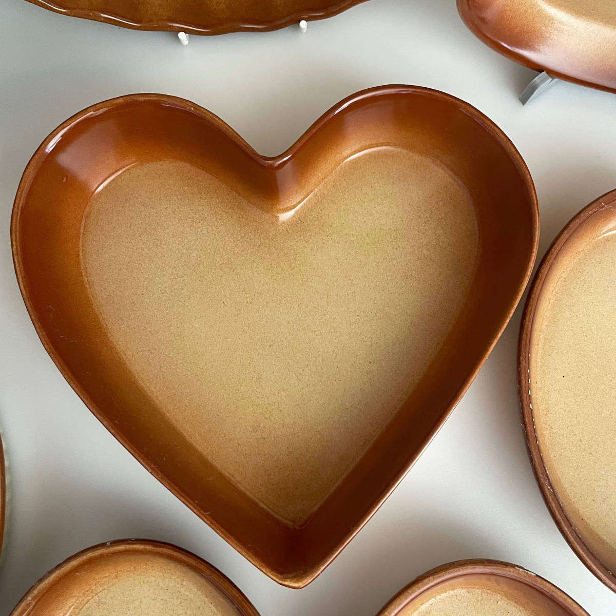 1970s Stoneware Oven-to-Table Baking Set  8 Pieces  Brown Glaze  Includes Heart Dish, Large Pie D