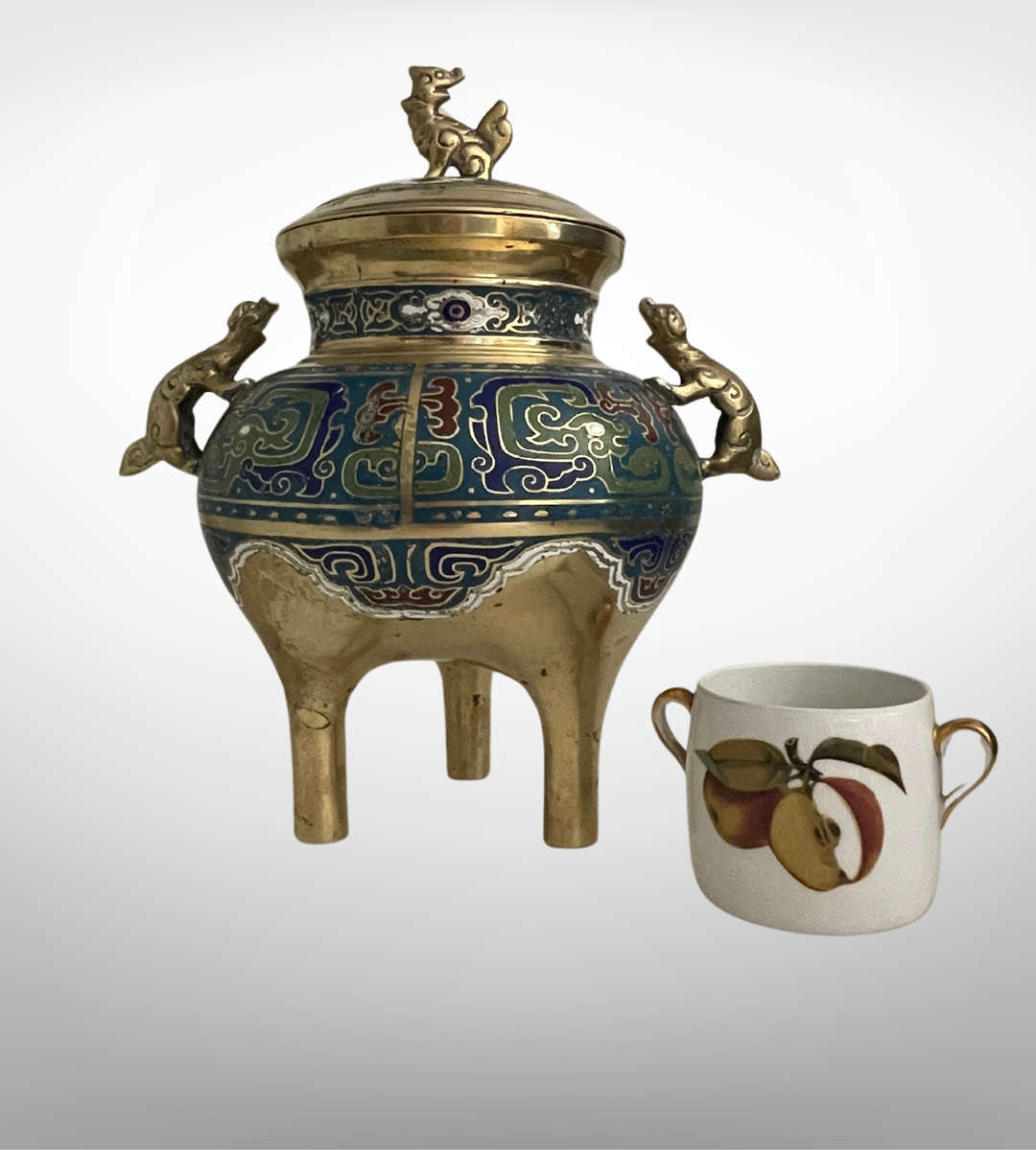 Antique Chinese Cloisonné Brass Tripod Censer with Foo Dog Finials  Qing Dynasty Reign Mark- Reduced