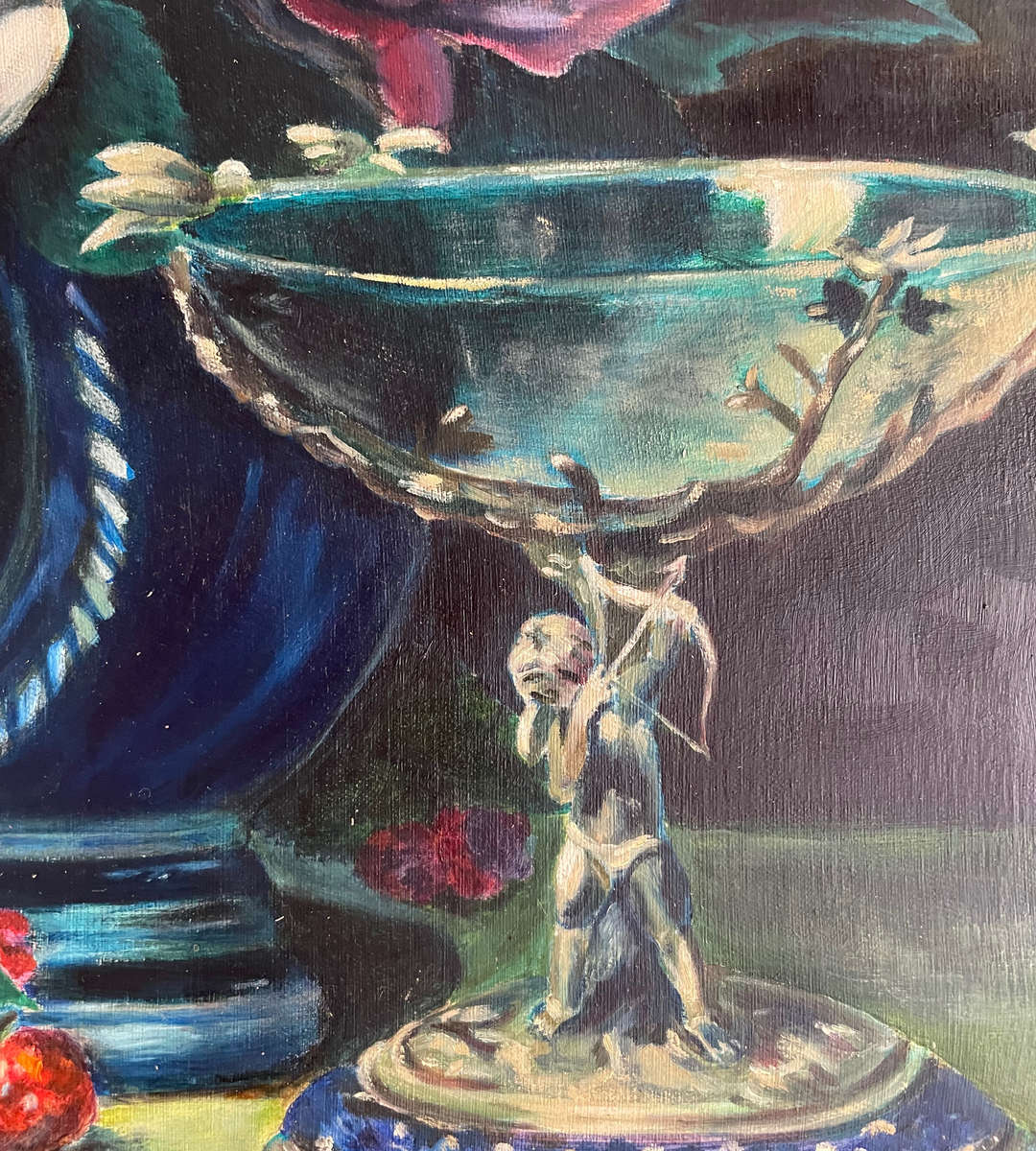 Eleni (2000) 'Cupid's Goblet' Floral Still Life - Oil on Canvas - Framed - 53.5 x 64cm