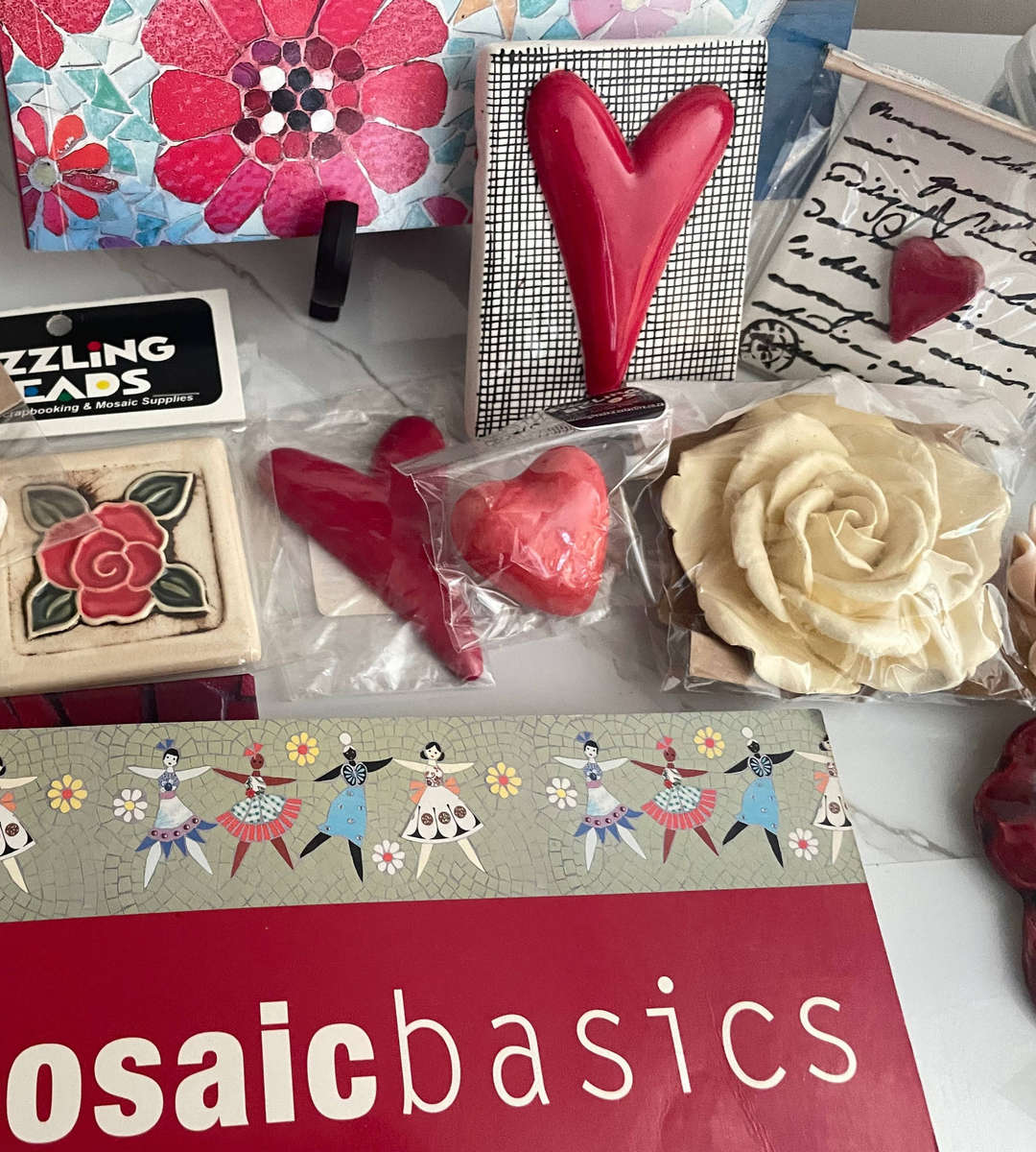 Reserved For Nadine: Lot of Over 12.7kg 70 Mosaic Squares with 12 Holders + Tools & 4 Mosaic Books