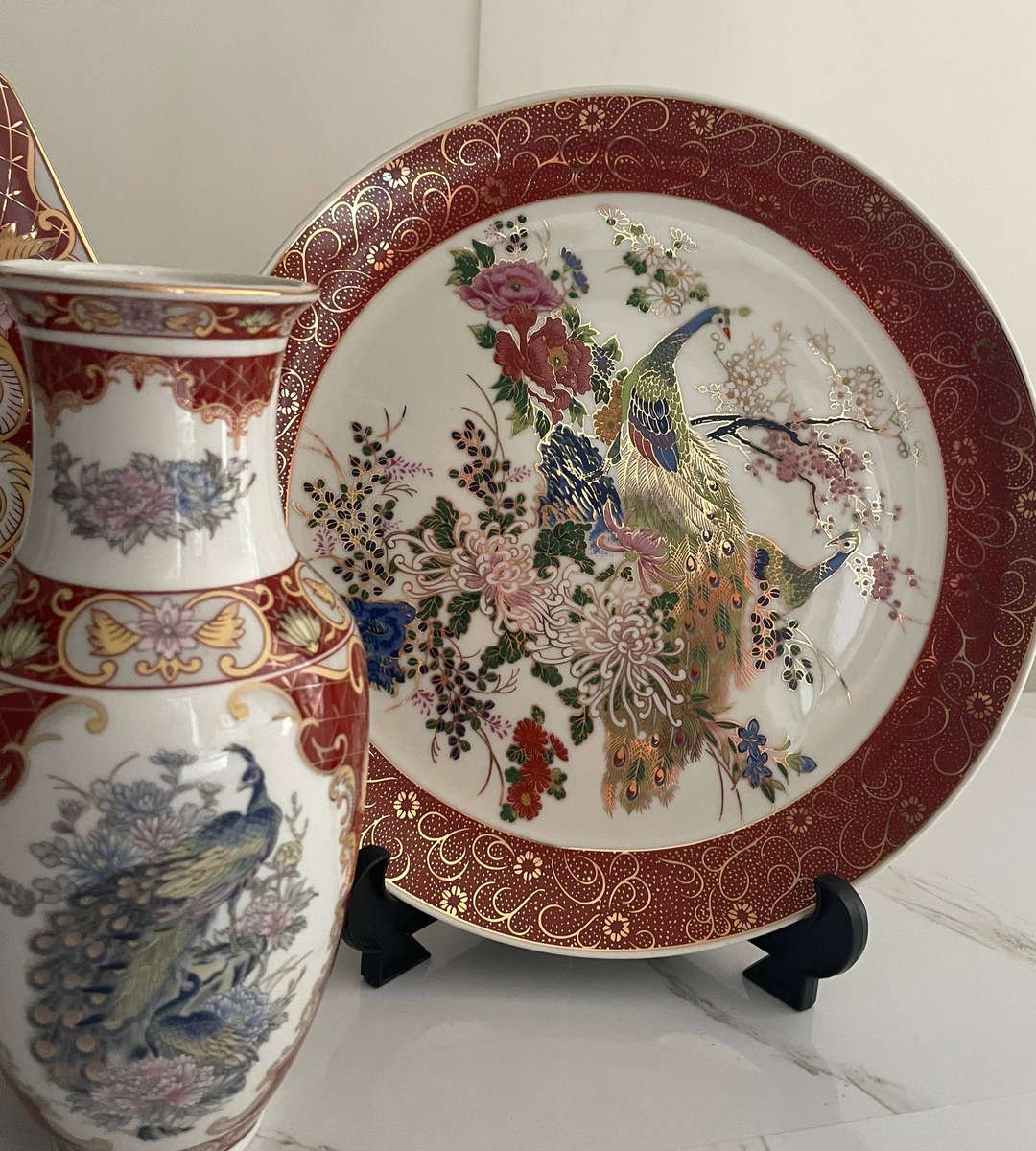 Vintage Japanese Satsuma-Style Gold Foil Porcelain Display Set  Peacock & Floral  2 Plates + Vase