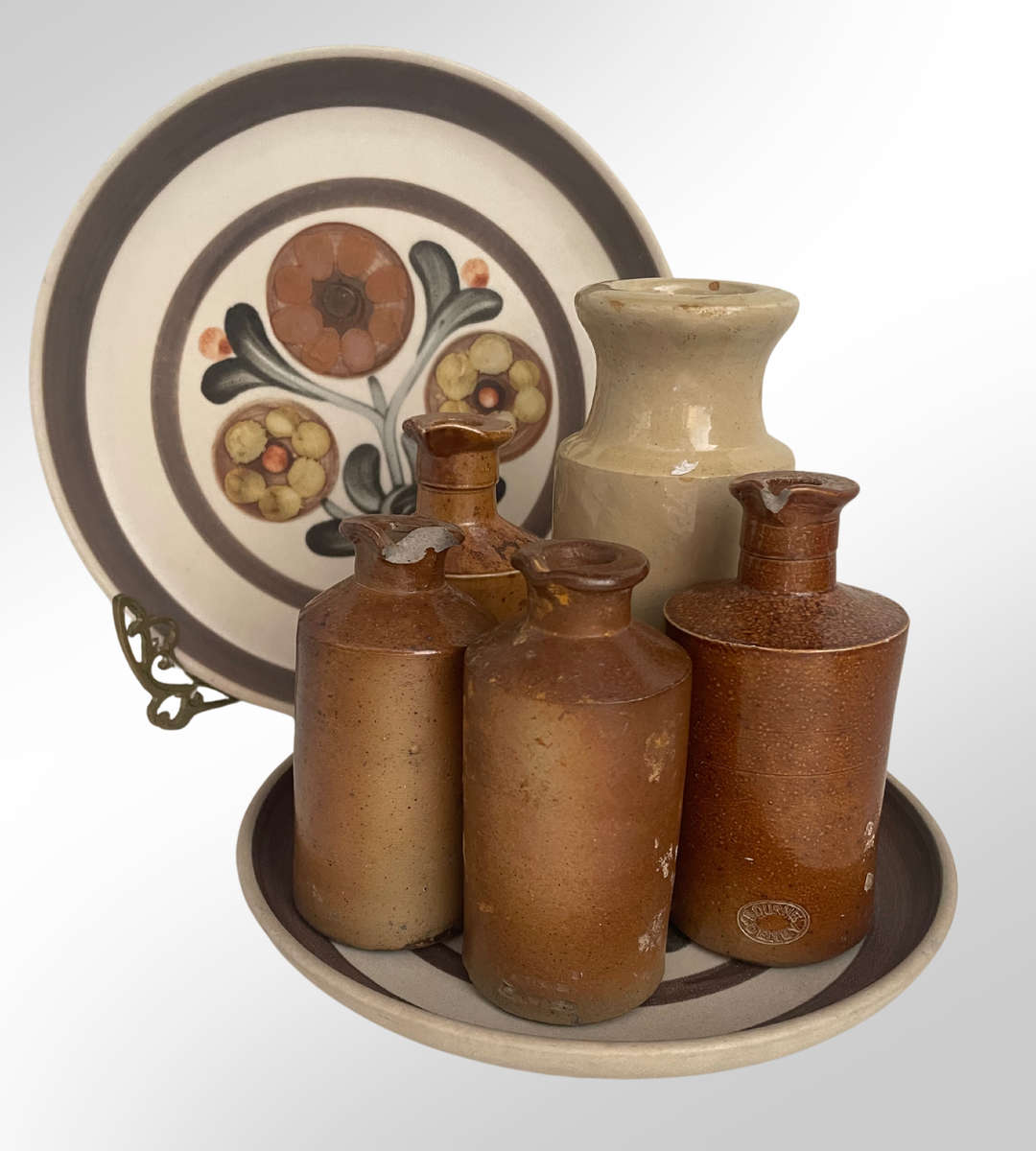 Collection of 5 Assorted Vintage Master Ink Bottles & 2 Denby Langley Plates  Includes Lovatt, Bour