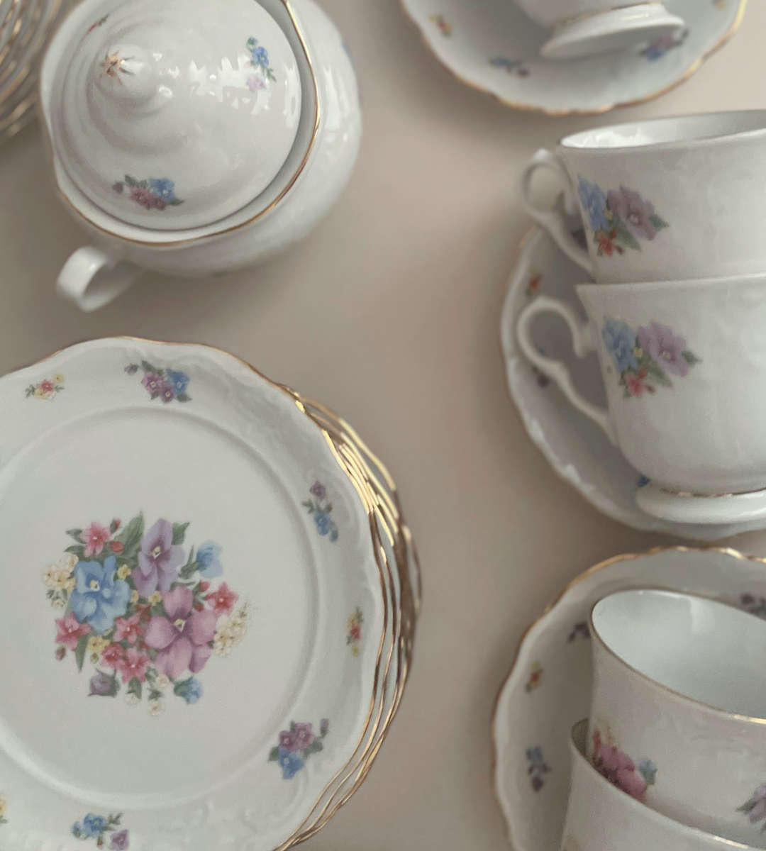Vintage 55-Piece Fine China Dinner Set  - Gold-Trimmed Cottage Chic Floral Design - Discounted!