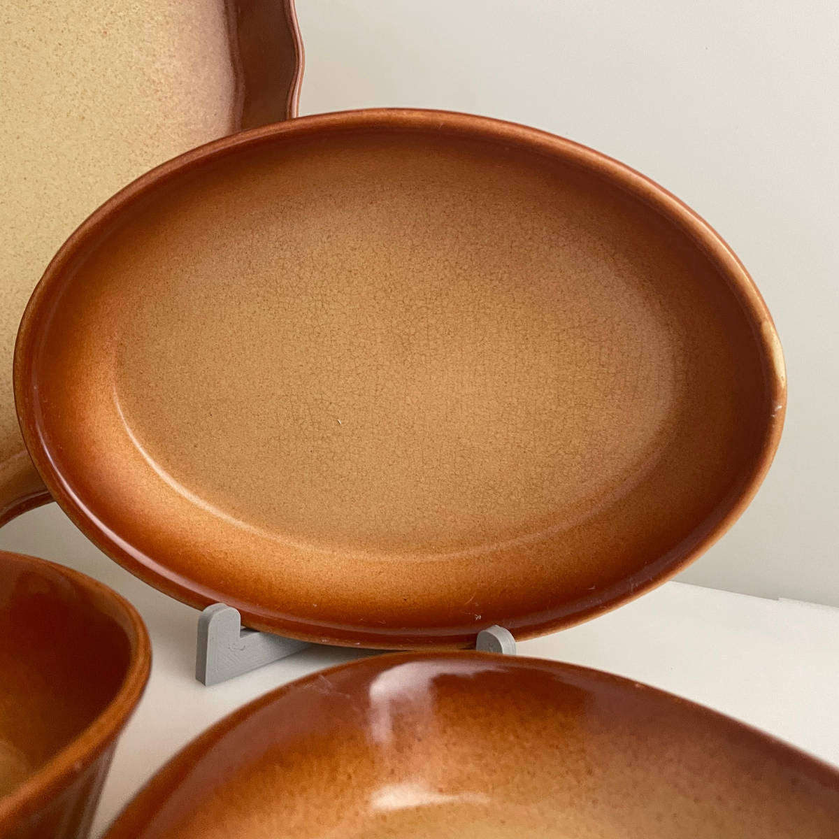 1970s Stoneware Oven-to-Table Baking Set  8 Pieces  Brown Glaze  Includes Heart Dish, Large Pie D