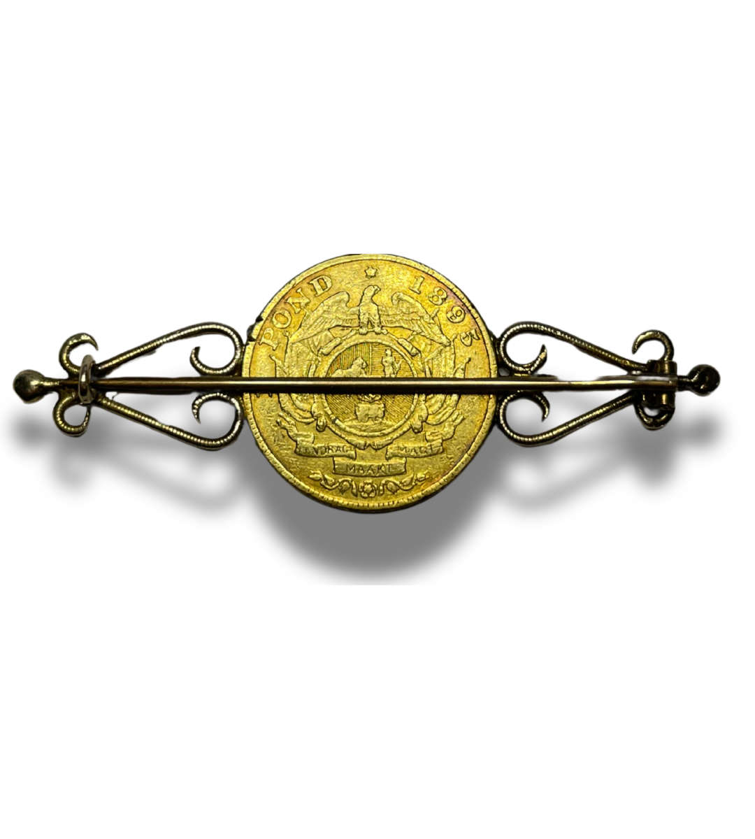 1895 South African Republic Paul Kruger 1 Pond Gold Coin Brooch  22ct Coin, 9ct Brooch  10.7g