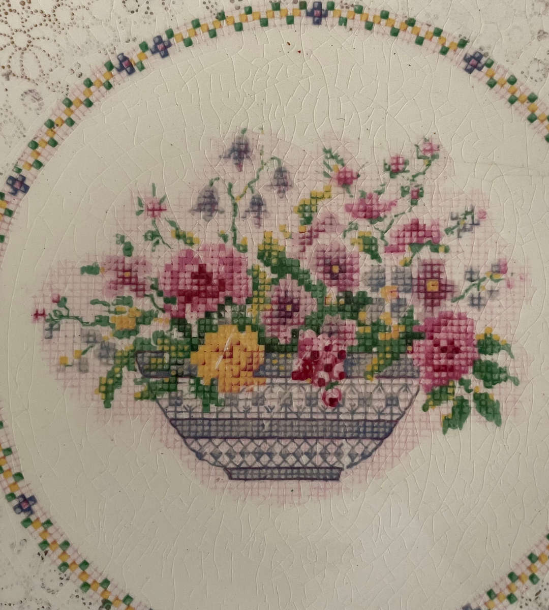 8-Piece Vintage Petit Point & Cross-Stitch Vanity Décor Set with H&K Tunstall Cup & Saucer