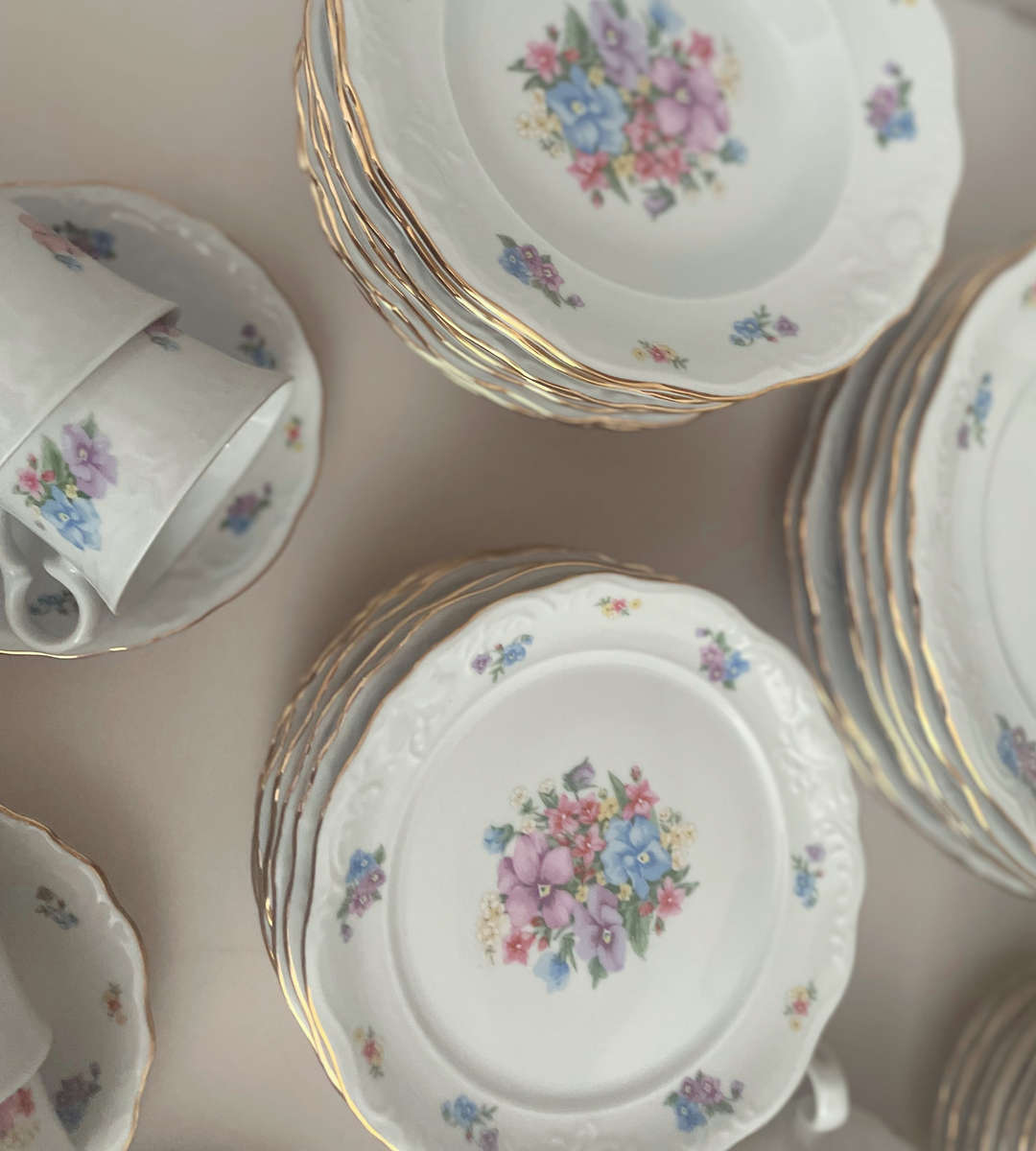 Vintage 55-Piece Fine China Dinner Set  - Gold-Trimmed Cottage Chic Floral Design - Discounted!