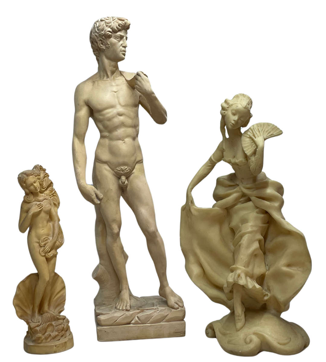 3pc Vintage Resin Sculpture Collection  Michelangelos David, Nude Goddess, and Rare Oriental Okimono