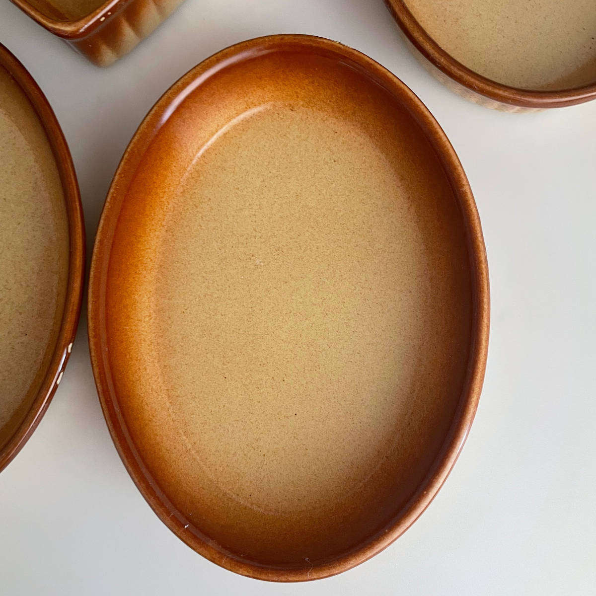 1970s Stoneware Oven-to-Table Baking Set  8 Pieces  Brown Glaze  Includes Heart Dish, Large Pie D