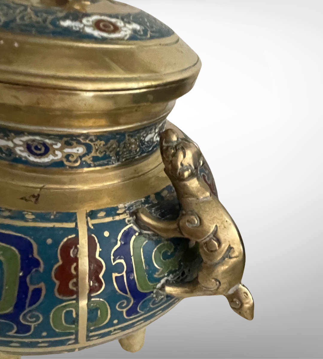 Antique Chinese Cloisonné Brass Tripod Censer with Foo Dog Finials  Qing Dynasty Reign Mark- Reduced