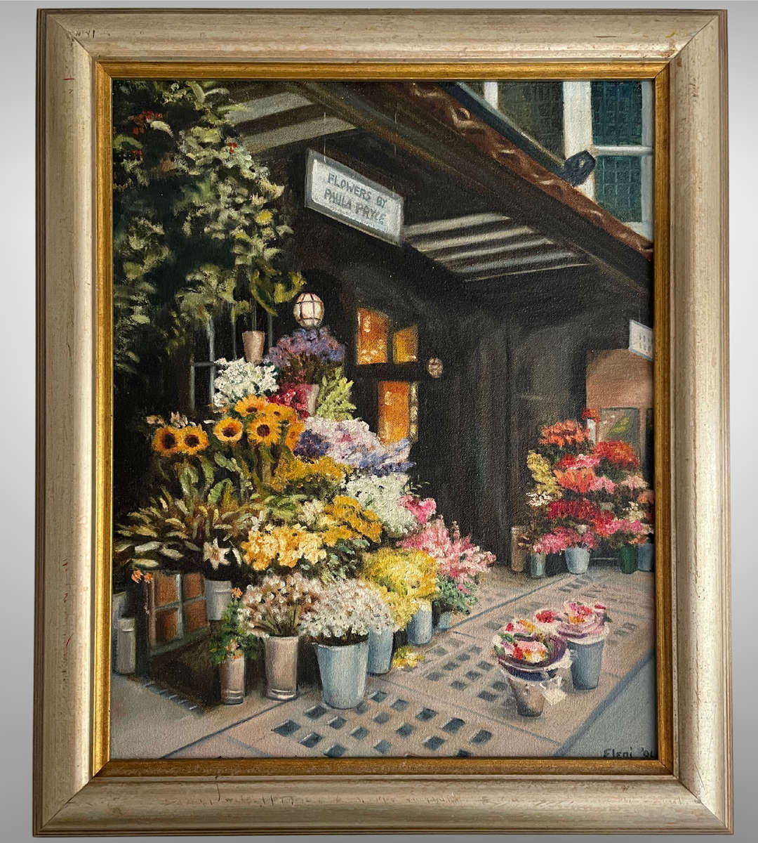 "Flowers by Paula Pryce" - Original Oil Painting by Eleni (2001) | Floral Shop Scene on Stretched