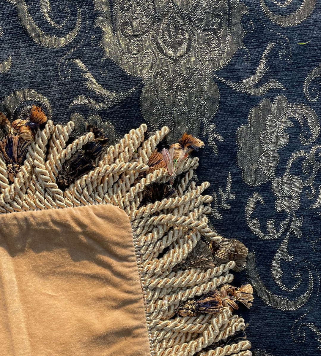 Heavy Traditional Indigo and Gold Upholstered Fabric with Velvet Suede Back and Double Rows of Tasse