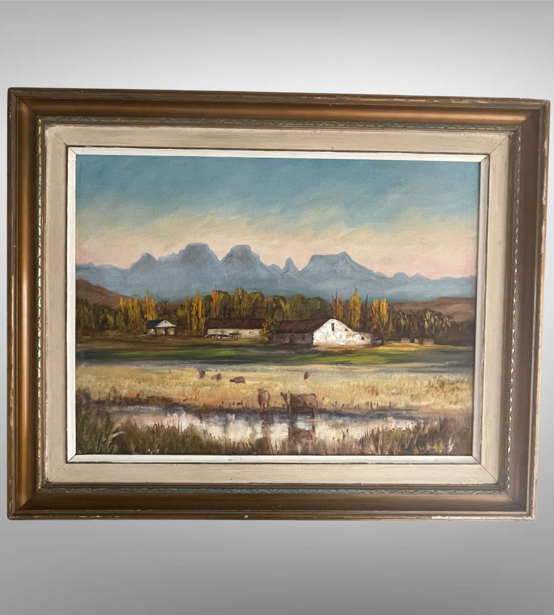 Vintage Oil Painting by S.E. Hanaffey  South African Farm Scene  60x45.5cm  Rustic Double Frame