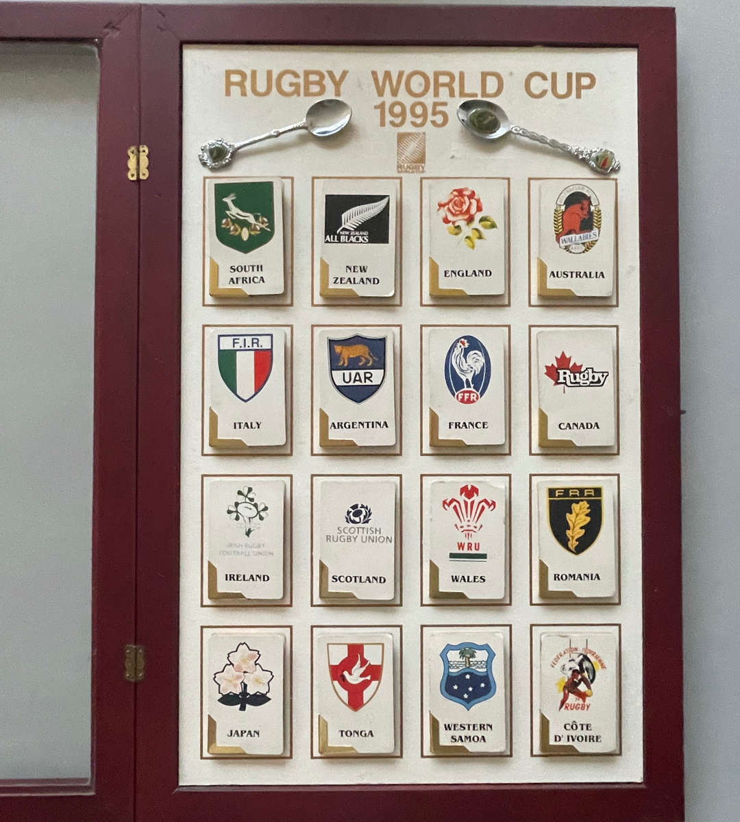 Rugby World Cup 1995 Cabinet Frame with Foldable Booklets & Springbok Teaspoons  Rare Collectible!