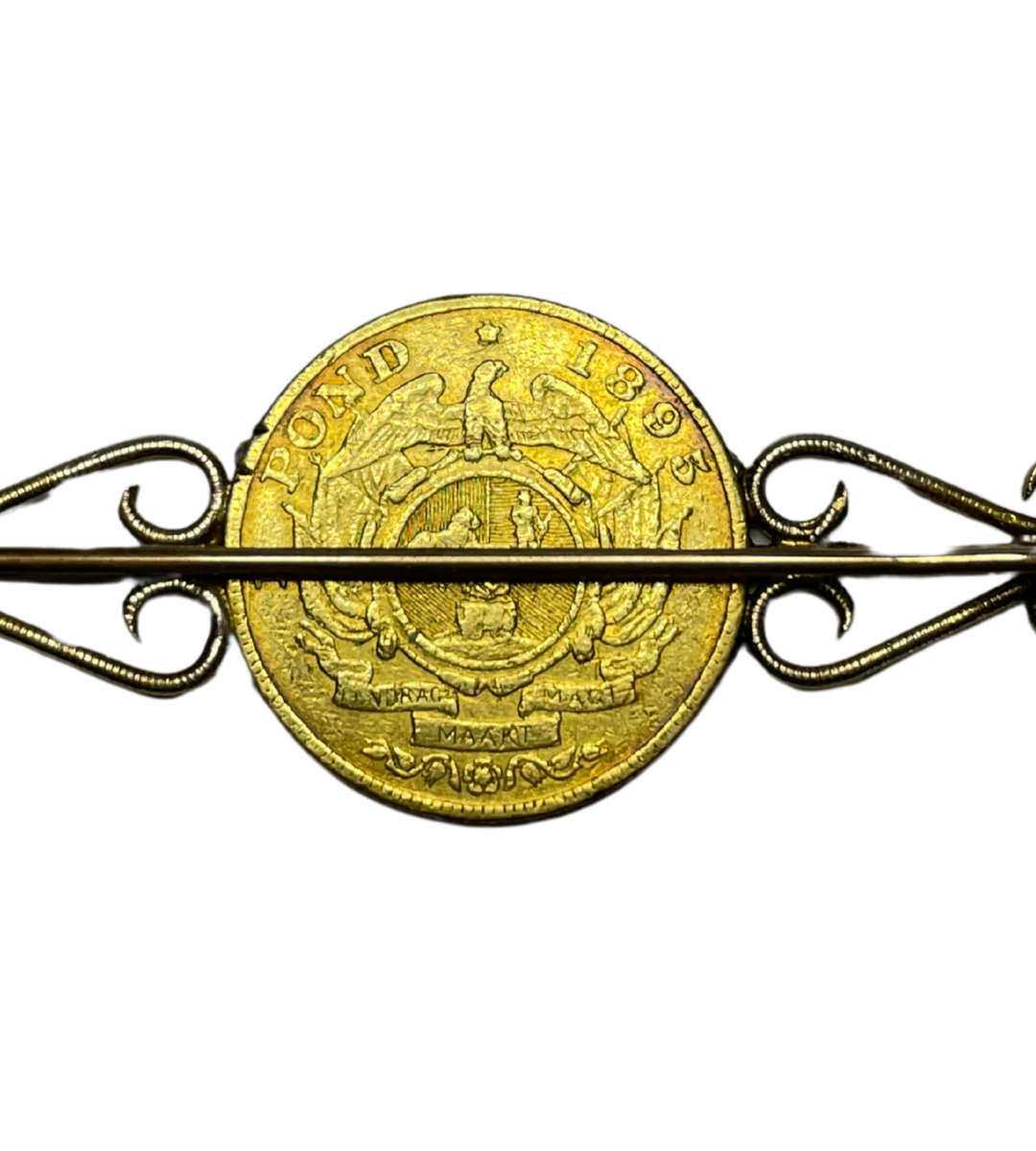 1895 South African Republic Paul Kruger 1 Pond Gold Coin Brooch  22ct Coin, 9ct Brooch  10.7g