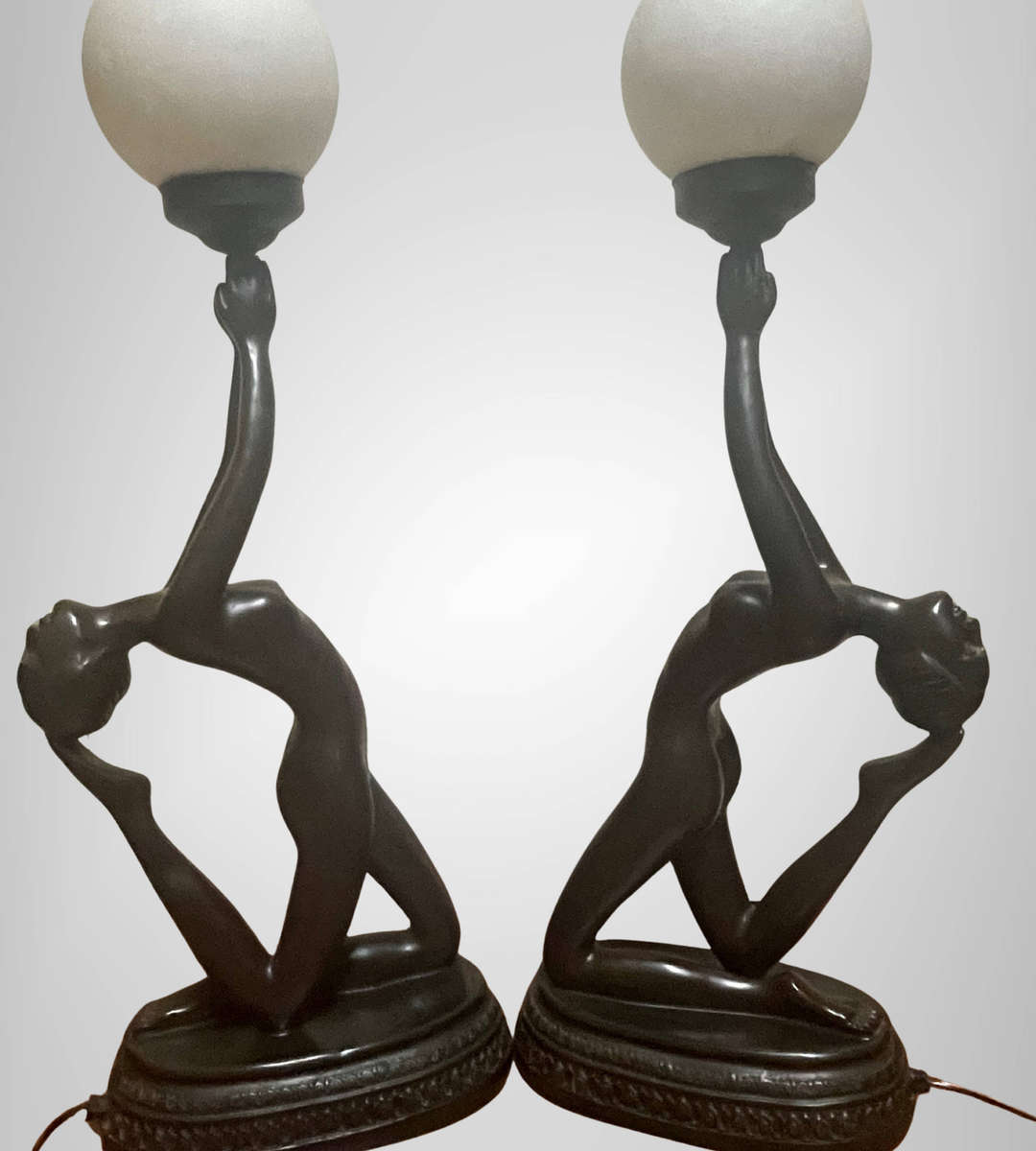 Rare 1970s Large Art Deco Style Nude Table Lamps  Matching Pair  75cm  Frosted Glass Shades