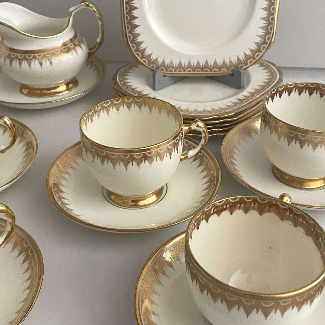 Vintage Art Deco Plant Tuscan China Tea Set  22K Gold Gilded  Circa 1936+  Made in England  23 P