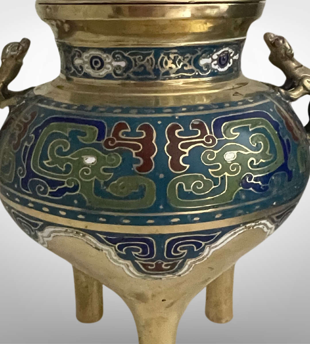 Antique Chinese Cloisonné Brass Tripod Censer with Foo Dog Finials  Qing Dynasty Reign Mark- Reduced