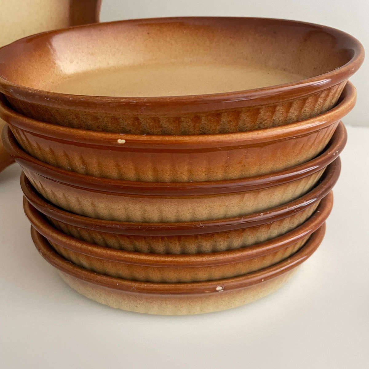 1970s Stoneware Oven-to-Table Baking Set  8 Pieces  Brown Glaze  Includes Heart Dish, Large Pie D