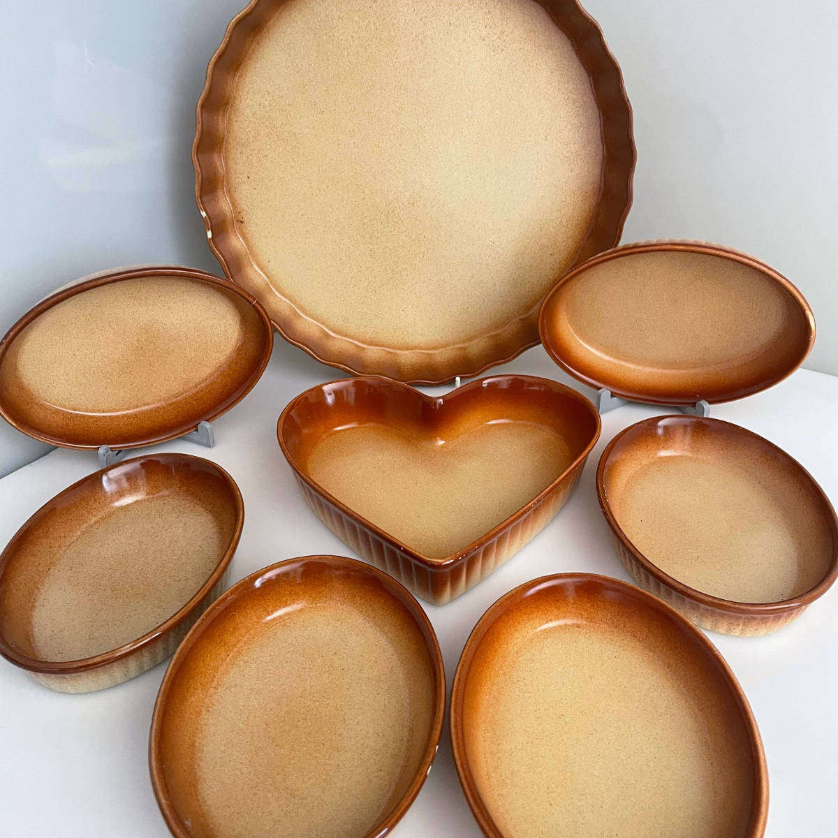 1970s Stoneware Oven-to-Table Baking Set  8 Pieces  Brown Glaze  Includes Heart Dish, Large Pie D