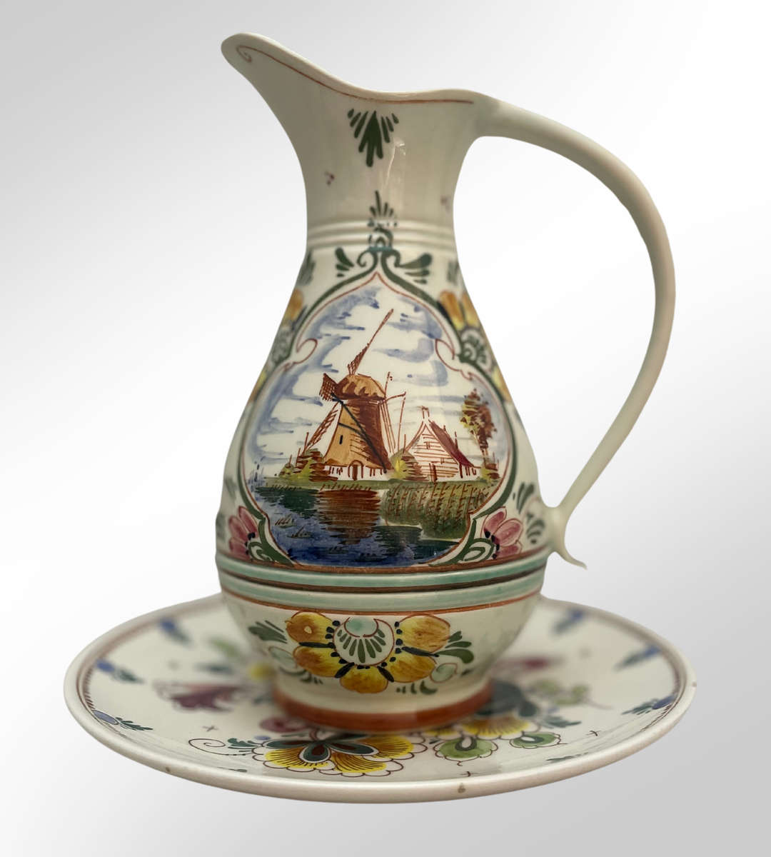 Delft Blue Hand-Painted Faience Polychrome Jug & Plate 2 piece Set  Signed, Made in Holland