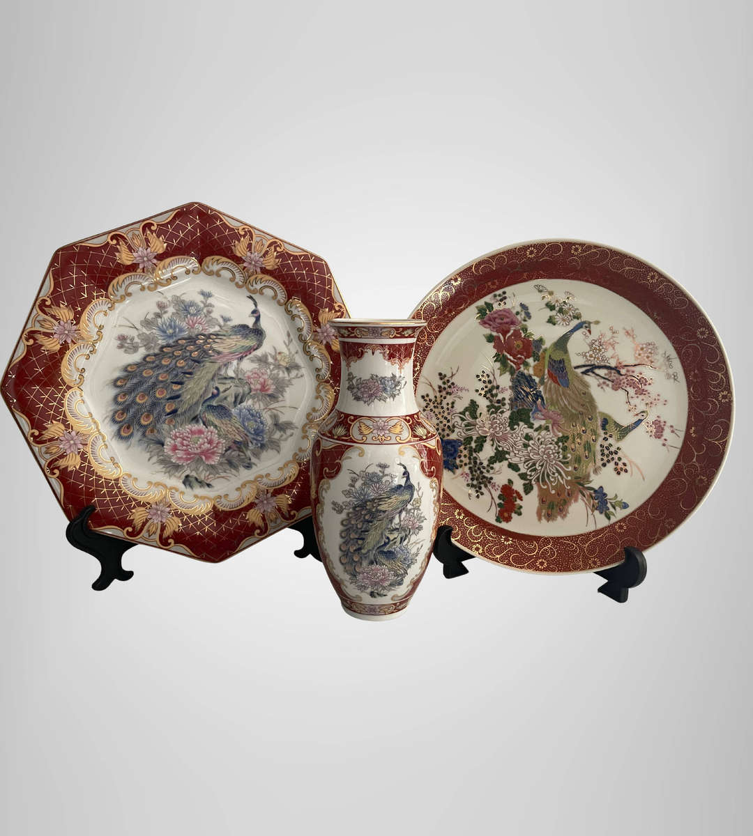 Vintage Japanese Satsuma-Style Gold Foil Porcelain Display Set  Peacock & Floral  2 Plates + Vase