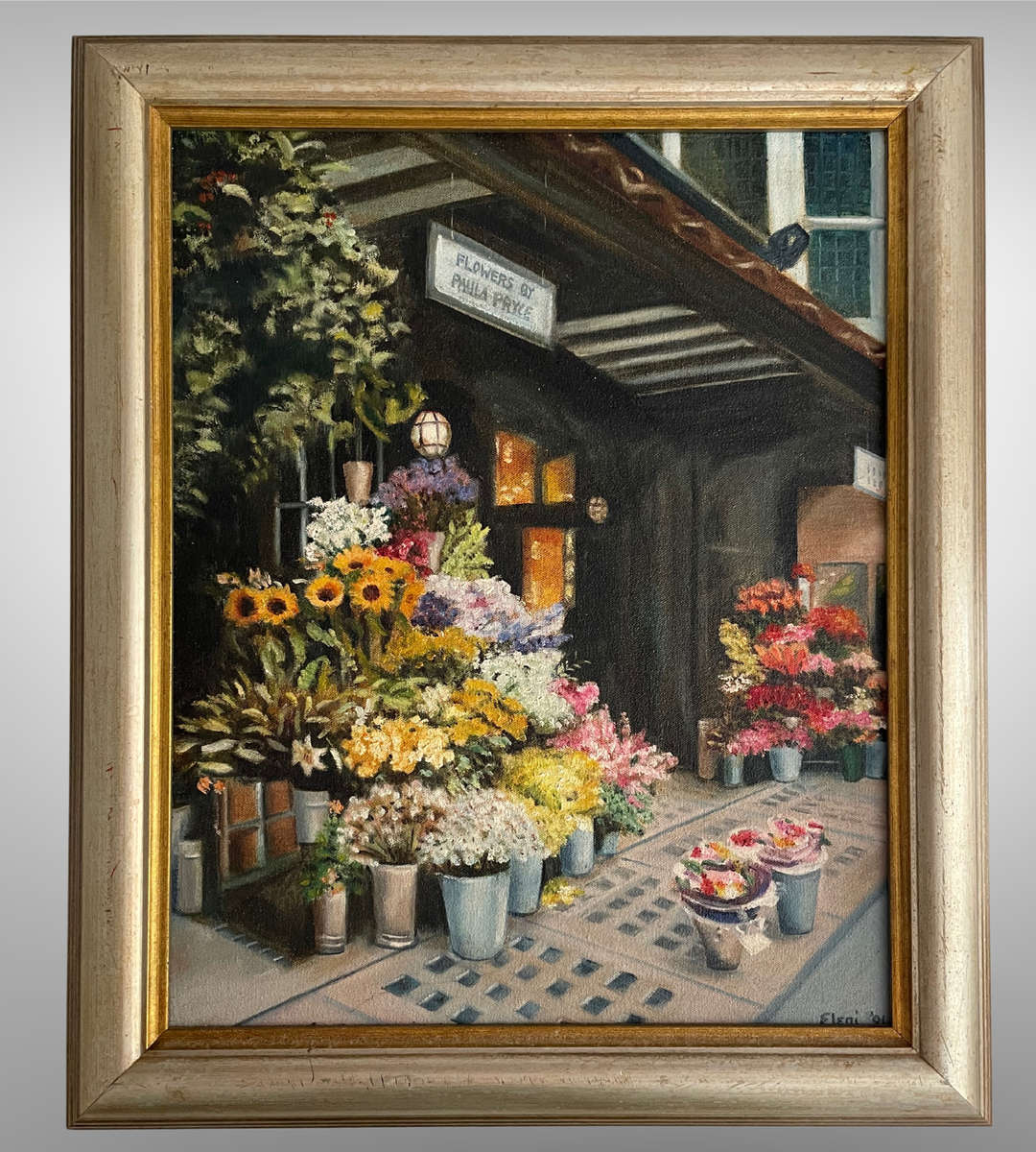 "Flowers by Paula Pryce" - Original Oil Painting by Eleni (2001) | Floral Shop Scene on Stretched