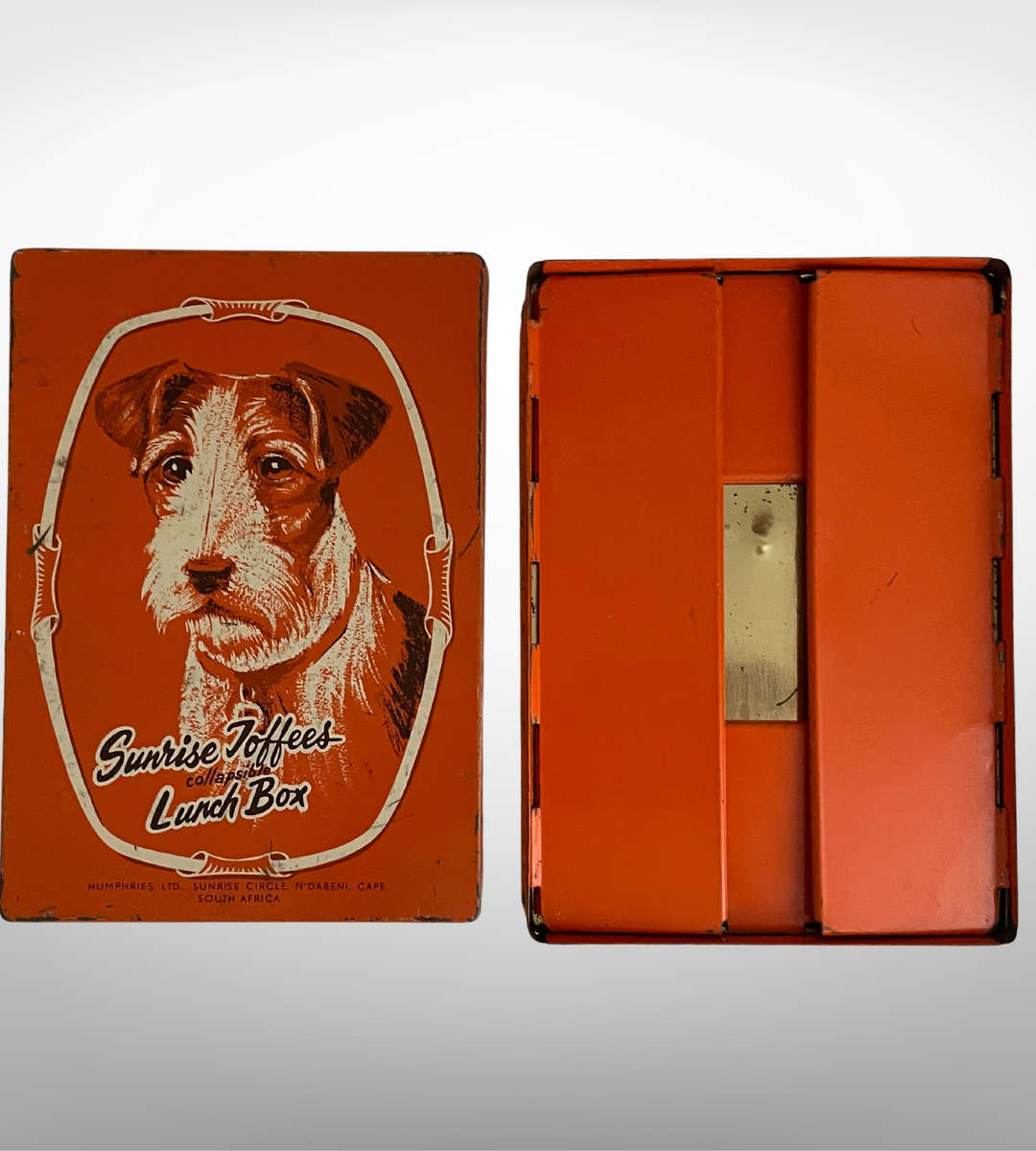 Super Rare Vintage Fox Terrier Sunrise Toffee Collapsible Tin Lunch Box Tin - 1940's