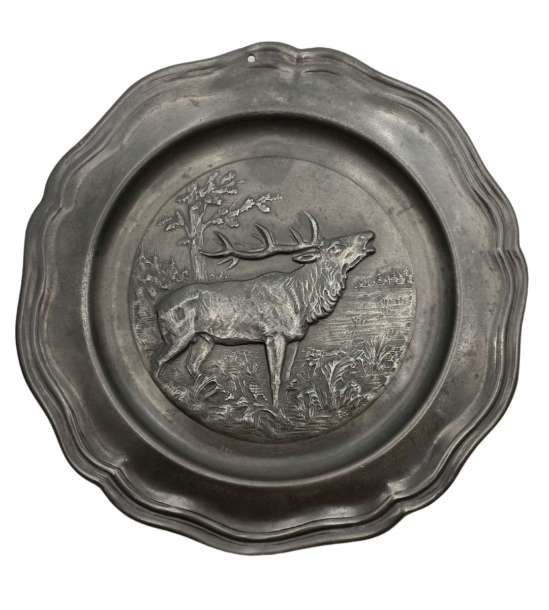 Vintage German Pewter Plate with Elk in Forest Scene  Heavy Relief Embossing, Reinzinn Mark