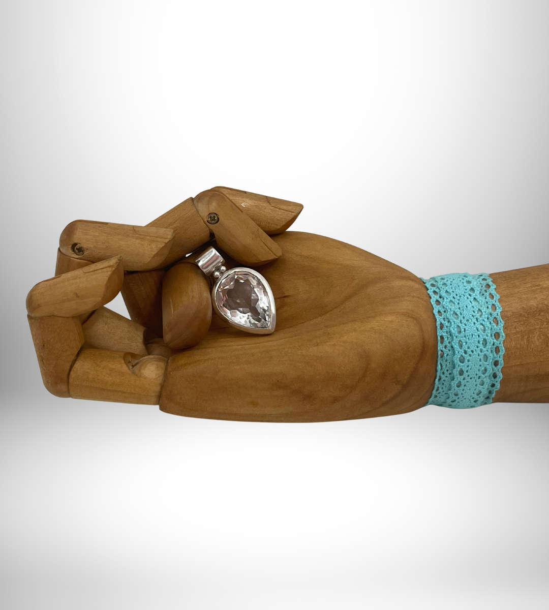 925 Sterling Silver Large Faceted Clear Quartz Teardrop Pendant - Soft Blue Hue - Great Condition