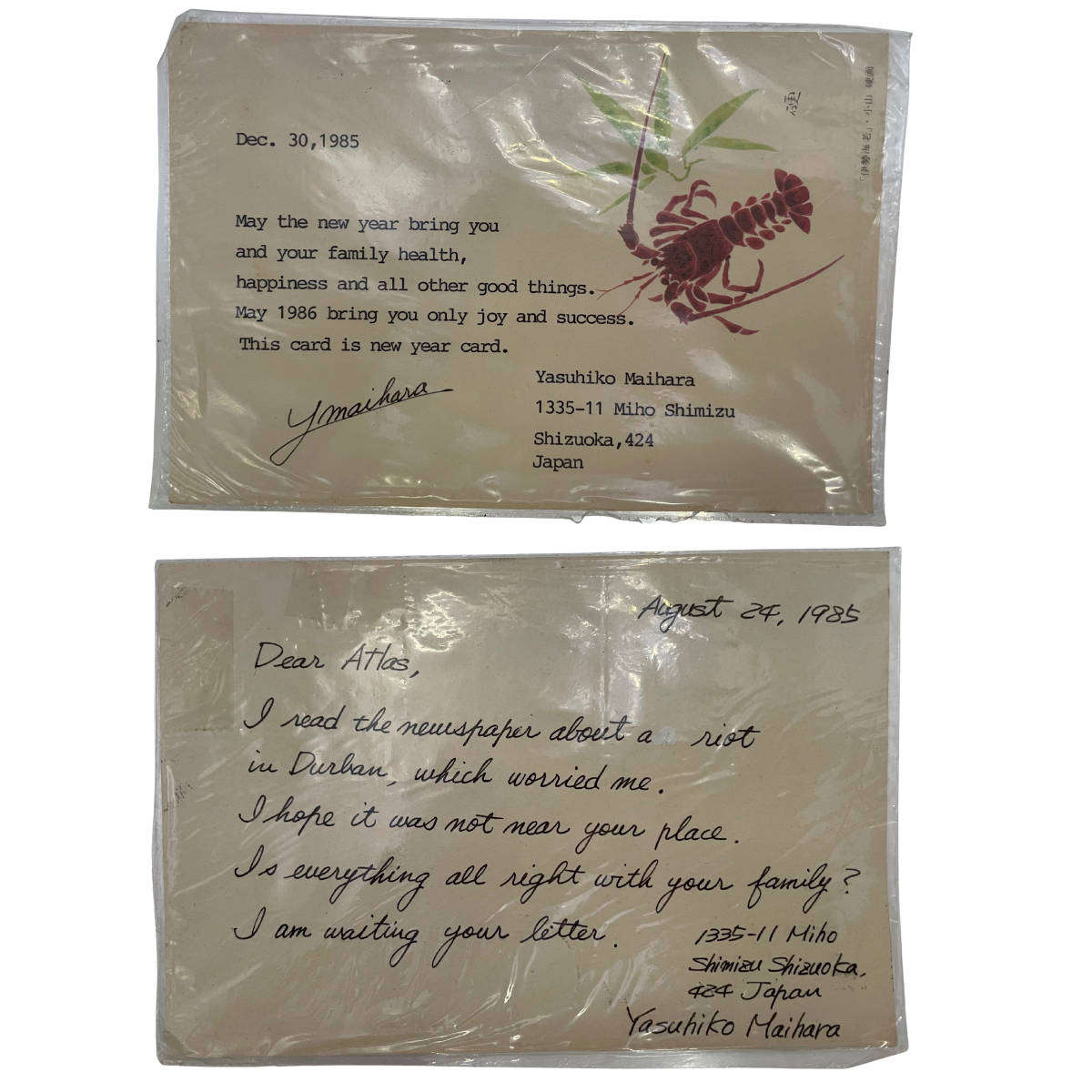 2 Japanese Postcards (1985) to South Africa  New Year Greeting & Durban Riot Reference  With Stamp